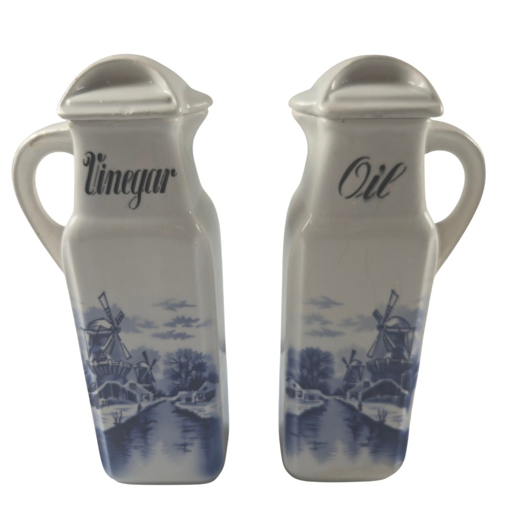 Vintage Delft Blue Holland Oil Vinegar Cruet Set Windmill Ceramic Pitchers